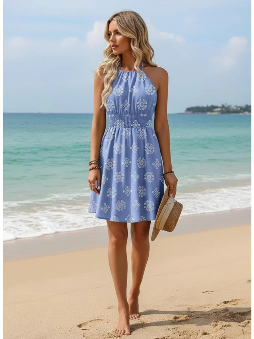 Women's Summer Beach Halter Neck Dresses Sky Blue A Line Mini Dress with Pockets - Picture 5 of 6